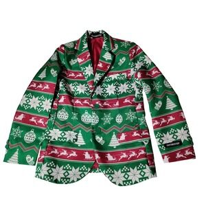 SUITMEISTER Kids Christmas Suit Jacket Blazer M 8-10Y Red Green Snowflakes